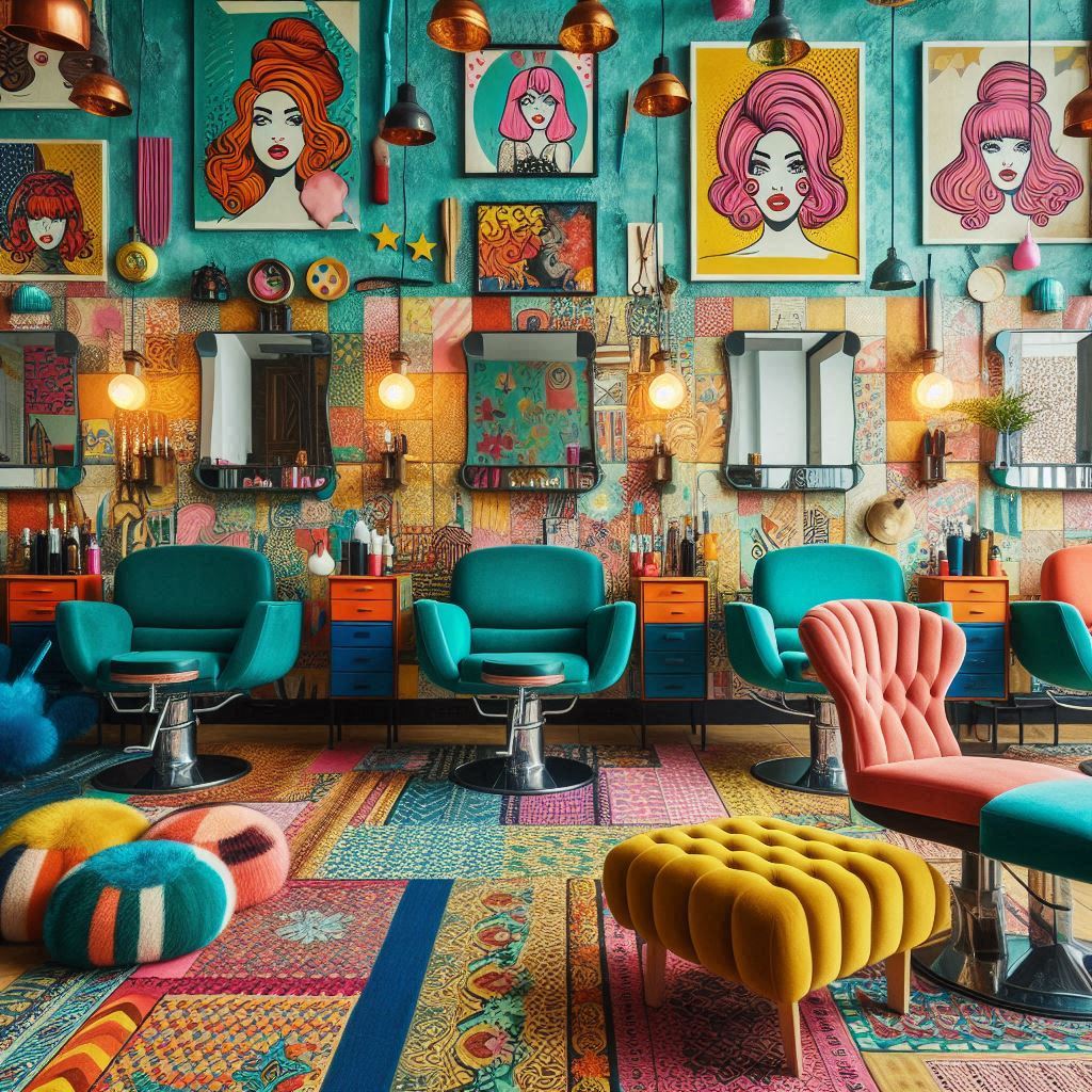 A vibrant, eclectic salon filled with bold colors and artistic decor. The walls are painted in a mix of teal, coral, and mustard, with mismatched vintage furniture in various bright shades. Fun wall art, such as pop art prints and murals, adds personality to the space. Each styling station has unique decor elements, like colorful rugs, patterned cushions, and quirky lamps.