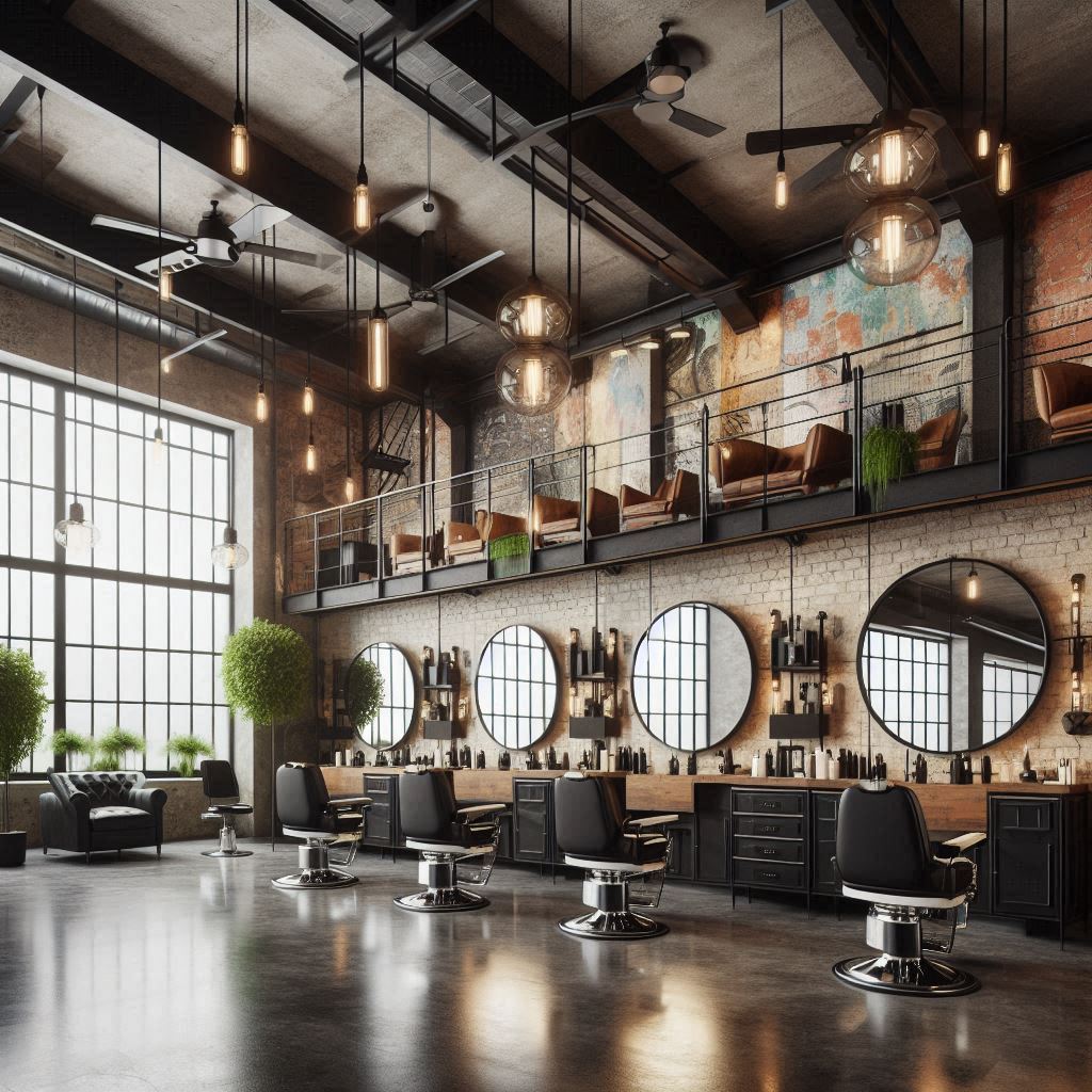 An industrial-style salon in a high-ceiling loft with exposed brick walls, black iron fixtures, and polished concrete floors. The decor includes large, round metal-framed mirrors, leather barber chairs, and open shelving with black metal frames. Pendant lights with Edison bulbs hang above each station, while a mural wall adds an urban art touch. Potted plants add a touch of greenery to the space.
