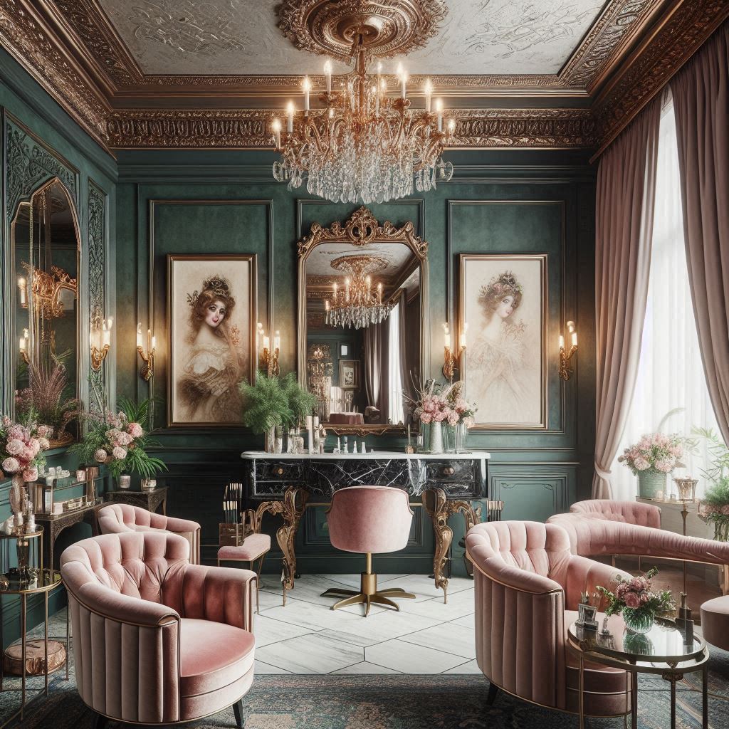A luxurious salon decorated in a vintage glamour style with deep emerald green walls, velvet chairs in soft blush pink, and elegant gold-framed mirrors. The salon has a marble countertop at the reception desk, crystal chandeliers, and vintage art prints on the walls. Antique brass fixtures and delicate details like lace curtains add an opulent touch, while fresh flowers create a welcoming atmosphere.