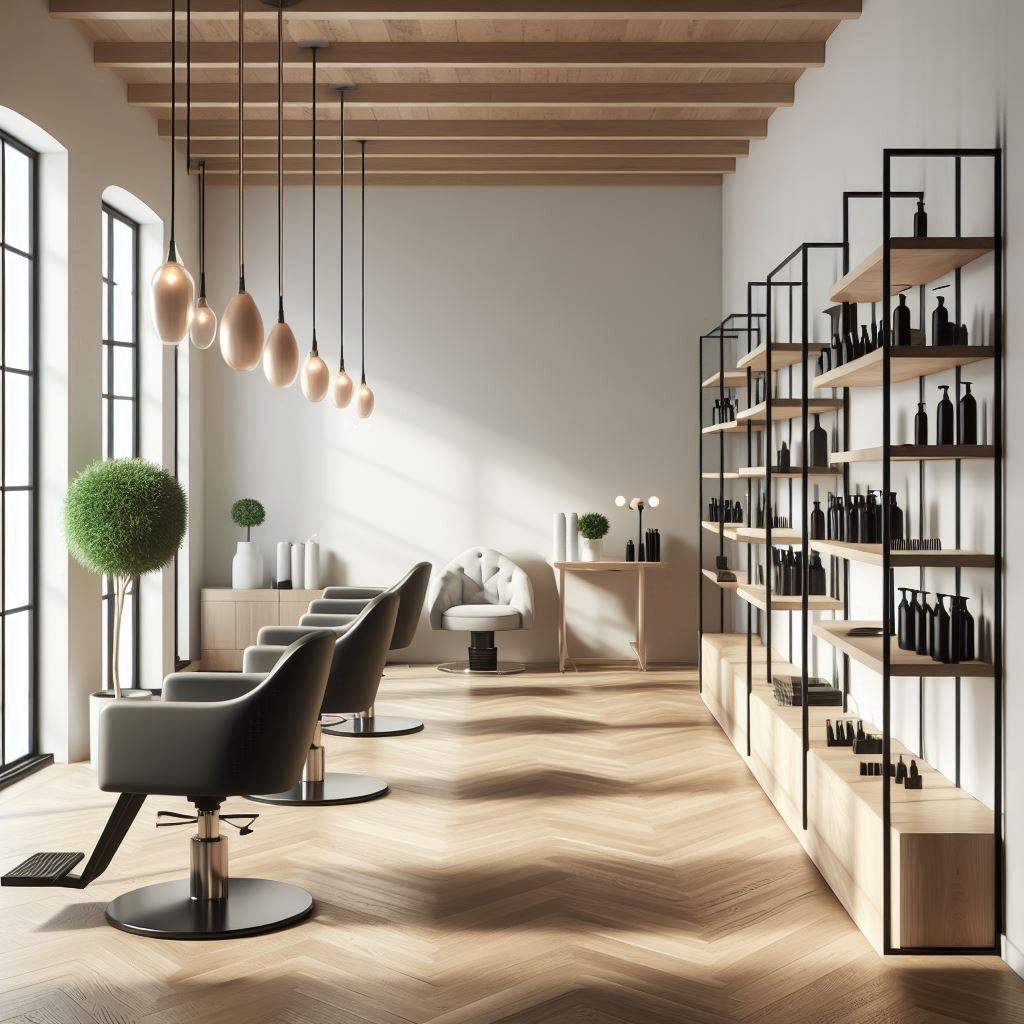 A chic salon interior featuring minimalist decor, with clean white walls, light oak wood flooring, and matte black accents. Large floor-to-ceiling windows allow natural light to flood in, highlighting sleek, modern styling chairs and simple, floating wooden shelves holding carefully arranged hair products. Soft, warm pendant lights hang from the ceiling, and a green potted plant adds a touch of nature to the space.