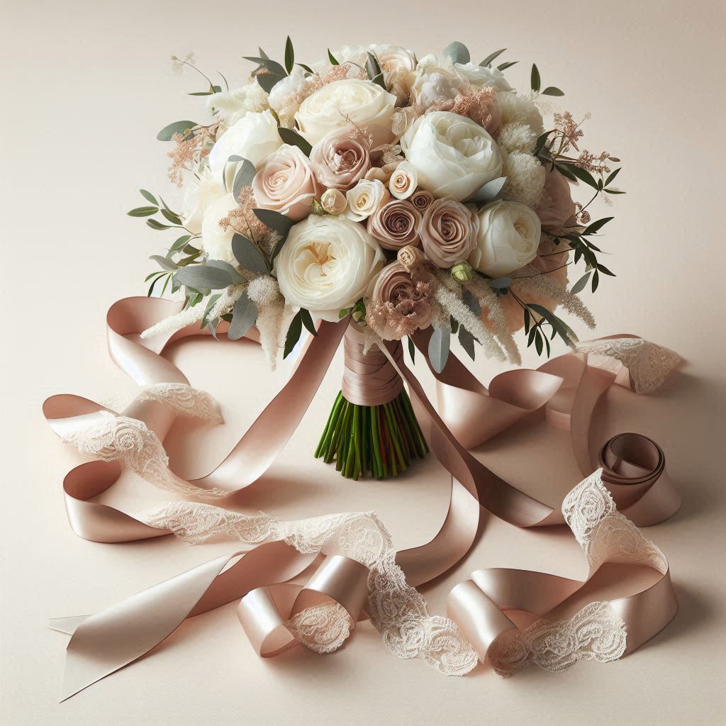 A bridal bouquet wrapped with elegant satin and lace ribbons, with long trailing ribbons flowing from the bouquet. The ribbons are in complementary shades of white, blush, and champagne, enhancing the bouquets romantic and timeless look. The bouquet features roses, peonies, and greenery, creating a delicate, soft aesthetic against a neutral background.