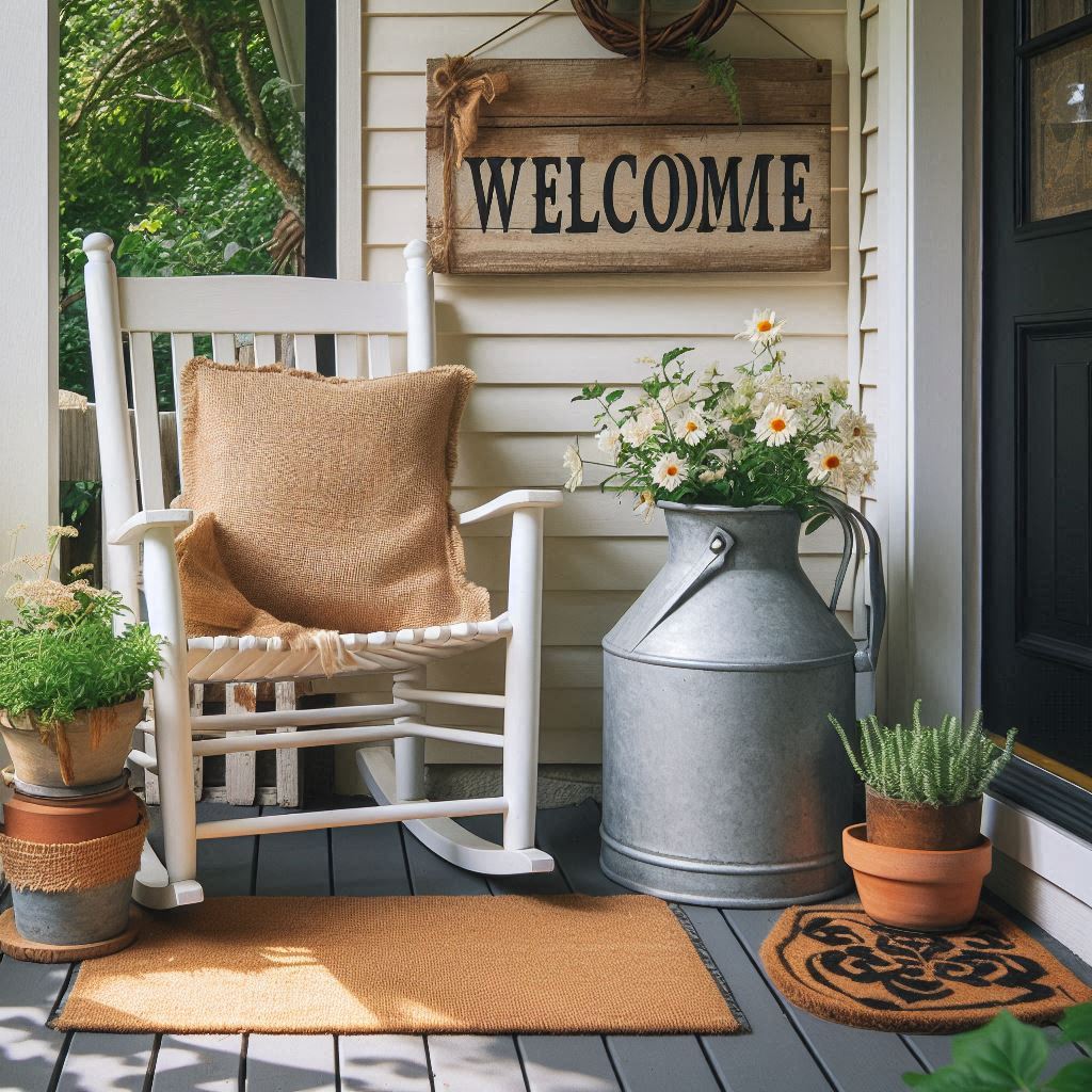 A farmhouse-style small front porch decorated with a white wooden rocking chair, a burlap pillow, and a vintage milk jug repurposed as a flower pot. A rustic welcome sign leans against the wall, with a simple black doormat underfoot. Small potted plants in ceramic pots line the porch steps, giving it a cozy and homey feel.