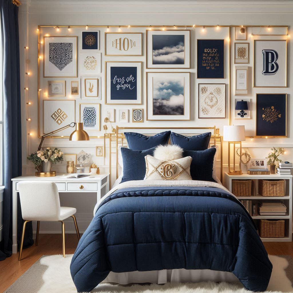 A chic dorm room with navy bedding, a gold-framed headboard, and gold-accented decor. The wall above the bed features a stylish gallery wall with a mix of inspirational quotes, monograms, and abstract art in navy and gold frames. A small white desk with a gold lamp, neatly organized books, and a framed picture gives it a cozy, personalized touch. String lights and a faux fur rug add warmth to the space, capturing that elevated dorm room vibe.