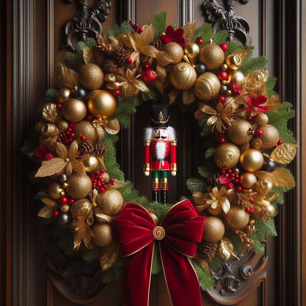 A luxurious holiday wreath adorned with small nutcracker figurines, gold and red ornaments, velvet ribbons, and sprigs of holly. The wreath is hung on a rich, dark wood door, creating a warm and inviting look.