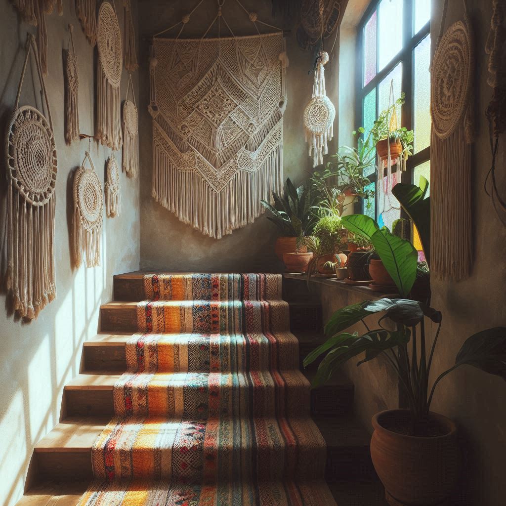 A bohemian staircase featuring a colorful runner made of woven textiles, adorned with macramรฉ wall hangings and hanging plants. Light filters through a stained glass window, casting soft colors onto the steps.