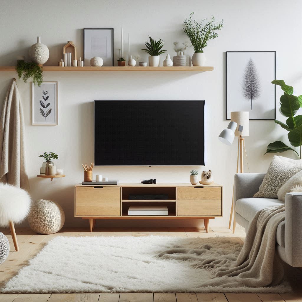 A Scandinavian-inspired TV room with a light wood media console, soft gray sofa, and white walls. Decor includes a fluffy white area rug, cozy blankets, and minimalist shelving with small plants and decor pieces. The design is clean and bright with natural textures and a few black accents, creating a calm and inviting space.