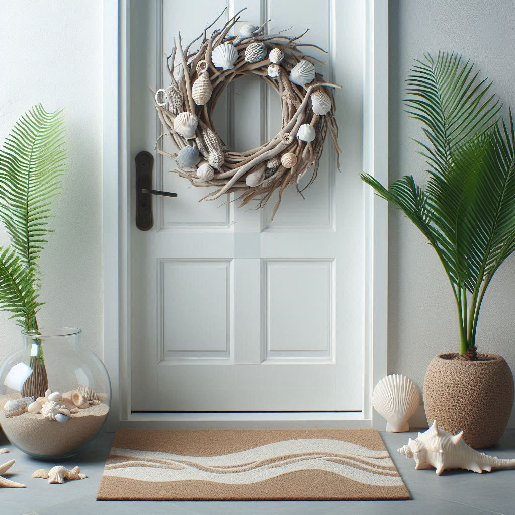 A white or light gray door with a wreath made of driftwood pieces and sea shells. Add potted palms or ferns beside the door and a large glass vase filled with sand and shells. A doormat with waves or beach patterns completes the beachside ambiance.
