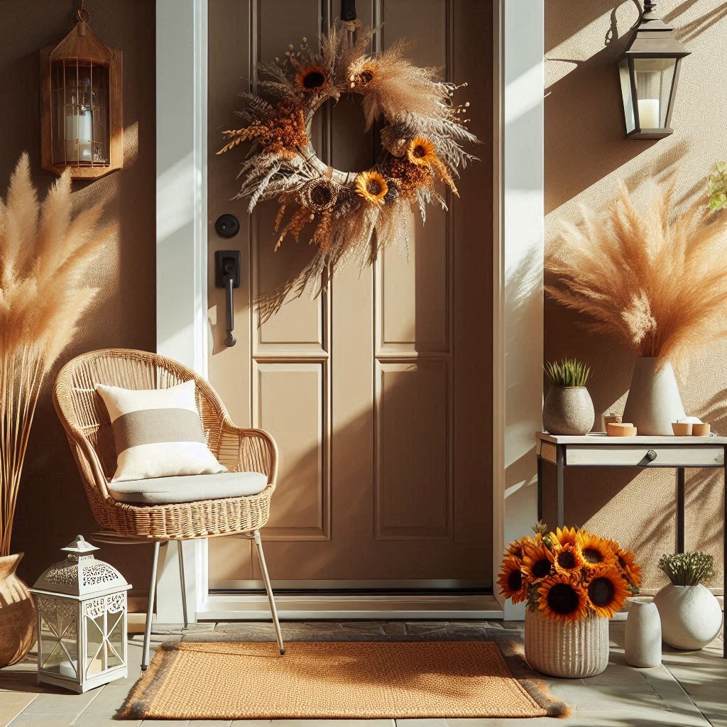 A warm-toned front door with a wreath of dried grasses and sunflowers, a small outdoor chair with a cozy cushion, a side table with a potted plant, a welcome sign, a woven doormat, and a hanging lantern for a cozy, inviting summer atmosphere.