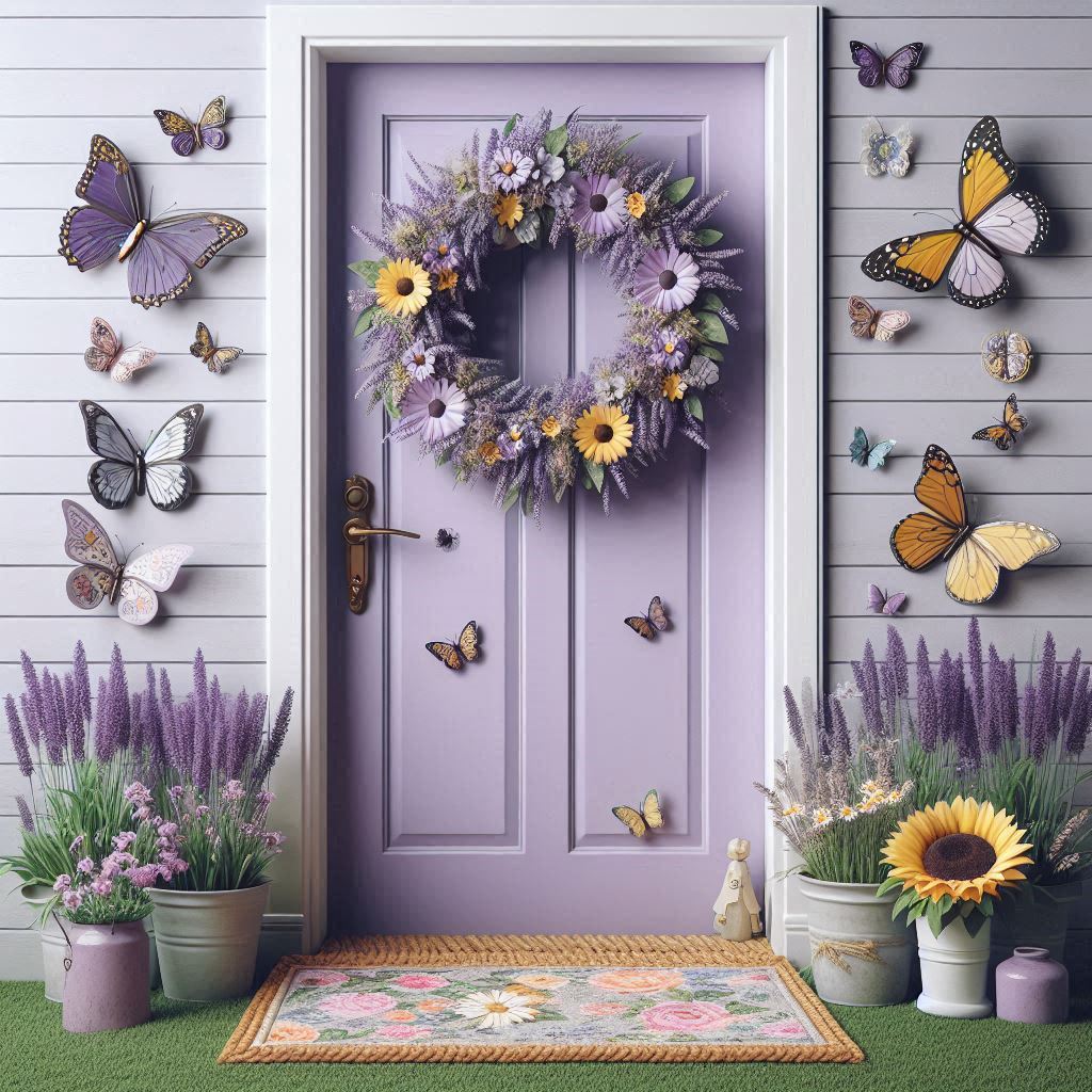 A light purple or lavender door with a butterfly-themed wreath featuring flowers like lavender, daisies, and sunflowers. Decorate the area with butterfly garden decorations, small statues, and potted flowers that attract butterflies. A floral doormat adds a finishing touch for a whimsical garden feel.