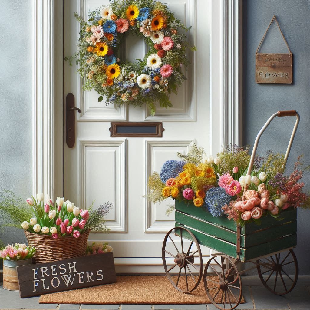A white front door with a colorful wreath of seasonal flowers. Place an old-fashioned flower cart next to the door filled with fresh flowers like daisies, tulips, and roses. Add a Fresh Flowers sign and a natural fiber doormat for the feel of a charming outdoor market.