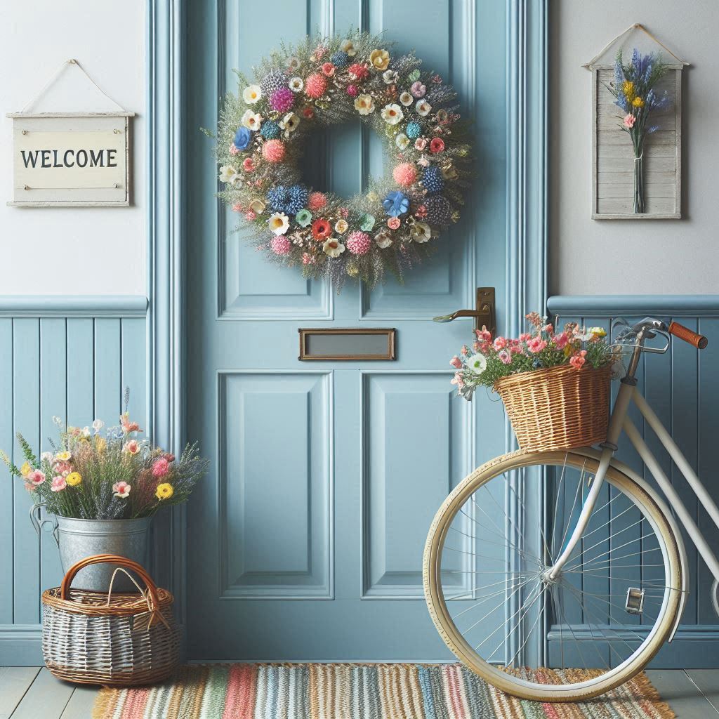 A light blue door with a wreath made of tiny flowers. Lean an old bicycle with a woven basket filled with colorful summer flowers against the wall. Add a classic Welcome sign and a small, striped doormat to create a charming, vintage-inspired scene.
