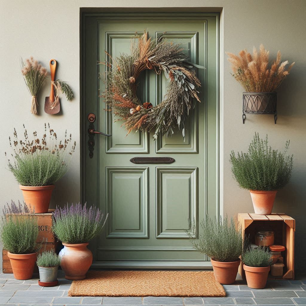 A sage green door with a wreath of dried herbs and small wildflowers. Place potted herbs like rosemary, thyme, and lavender in clay pots on each side of the entrance. Add a wooden crate filled with small garden tools and a woven straw doormat, giving the entrance a fragrant, earthy feel.
