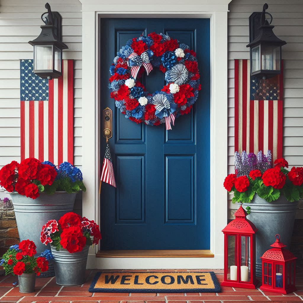A deep red or blue front door decorated with a patriotic wreath made of red, white, and blue flowers. Arrange planters with American flag-themed decorations or bright flowers like geraniums and petunias. Add a striped Welcome doormat and rustic lanterns for a classic, Americana-inspired entry.