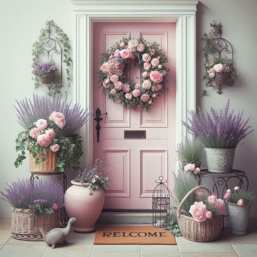 A pale pink front door with a floral wreath of roses and lavender. Place wicker baskets and iron planters overflowing with blooming lavender, peonies, and ivy along the entrance. Add a vintage welcome mat and small stone bird bath for a romantic, whimsical garden aesthetic.