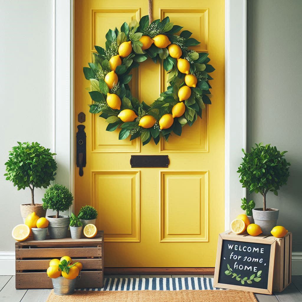 A sunny yellow front door with a lemon wreath featuring sprigs of greenery. Place a wooden crate beside the door with small lemon trees or pots of basil. Add a striped blue-and-white doormat and a small chalkboard sign reading Welcome to our home, sweet home for a fresh citrus vibe.