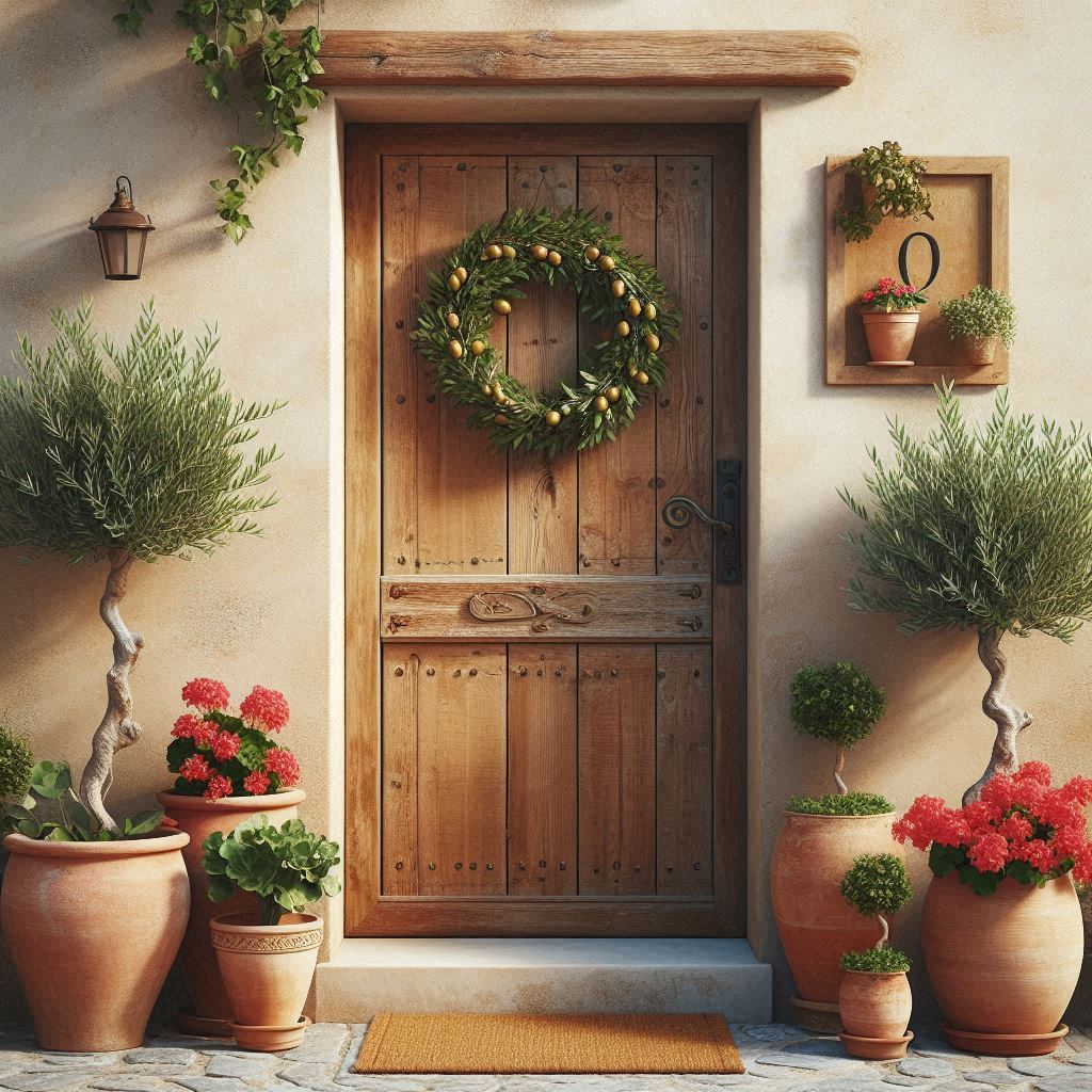 A rustic wooden door with a greenery wreath and potted olive trees on each side. Add terra cotta pots with bright red geraniums or bougainvillea, and a classic stone or clay welcome sign. A warm-colored welcome mat and a lantern complete the Mediterranean vibe.
