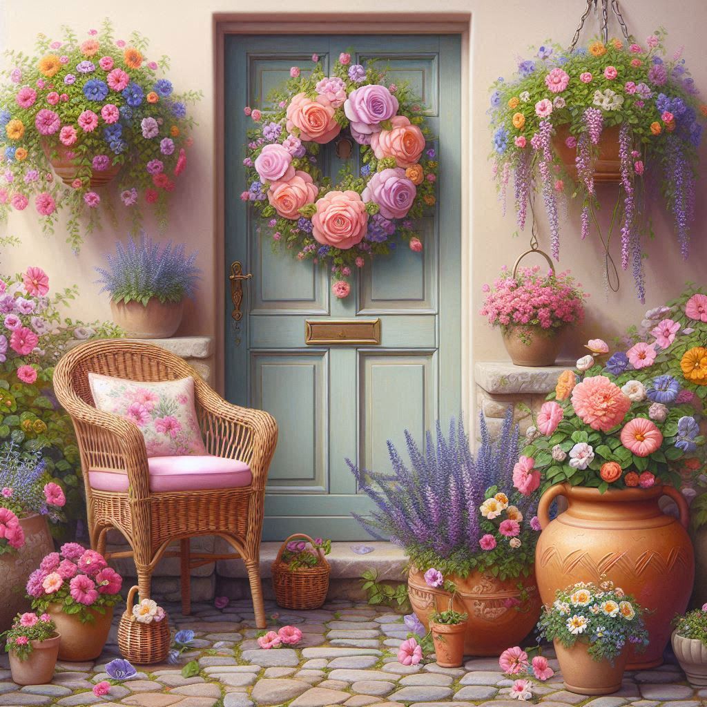 A pastel-colored door with a rose or lavender wreath. Surround the area with large terracotta pots and hanging baskets overflowing with colorful flowers like petunias, begonias, and daisies. Add a woven wicker chair with a small flower-filled basket on the side for a charming cottage feel.