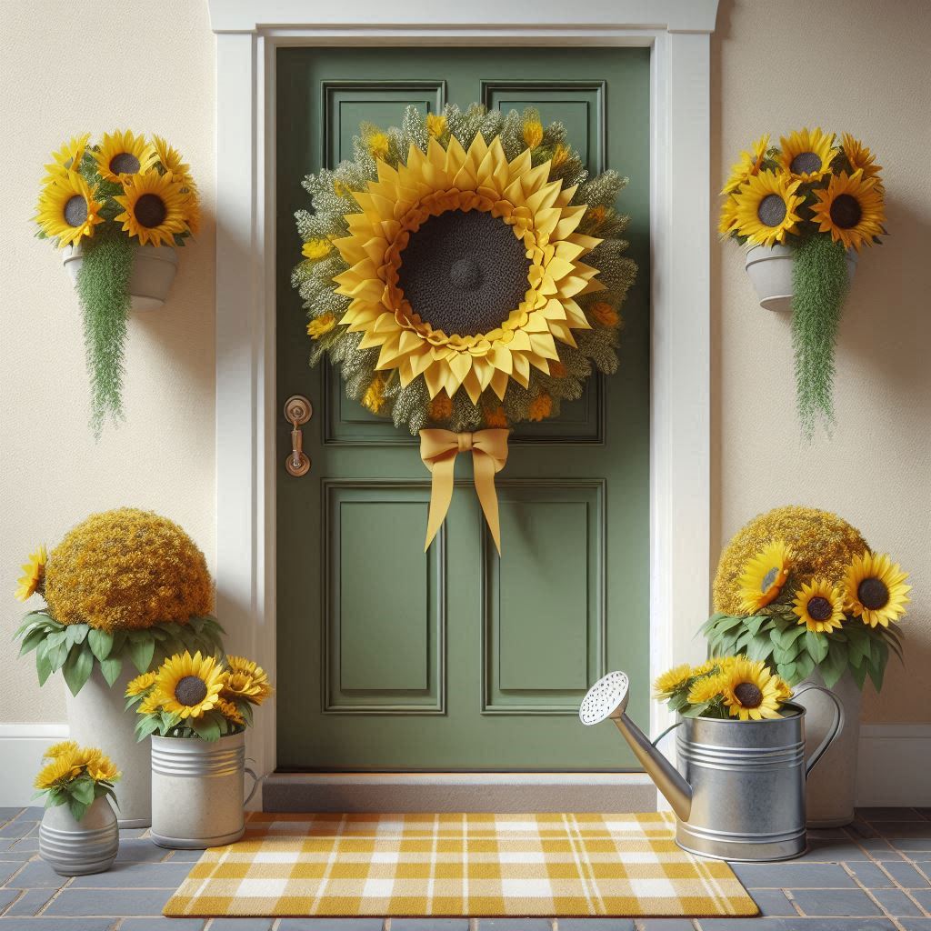 A white or green front door with a big sunflower wreath. Place two potted sunflowers or yellow-flowered plants on either side of the door, along with a plaid yellow-and-white doormat. Consider adding a decorative watering can with small sunflowers tucked inside.