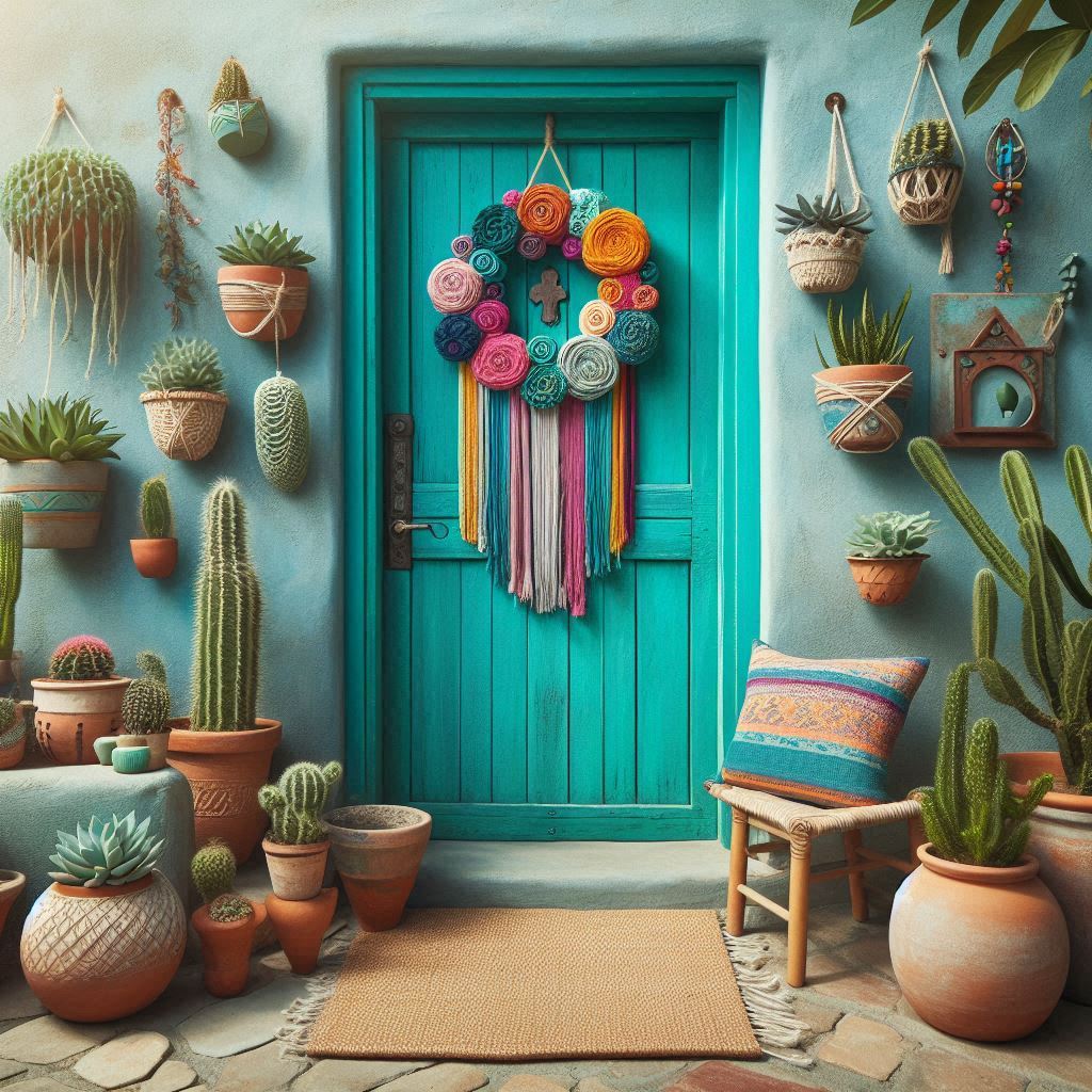 A colorful turquoise door with a vibrant macrame or floral wreath. Surround the entry with potted succulents, cactus plants, and hanging terracotta pots. Add a woven jute rug and some colorful outdoor pillows to create a cozy, eclectic vibe.