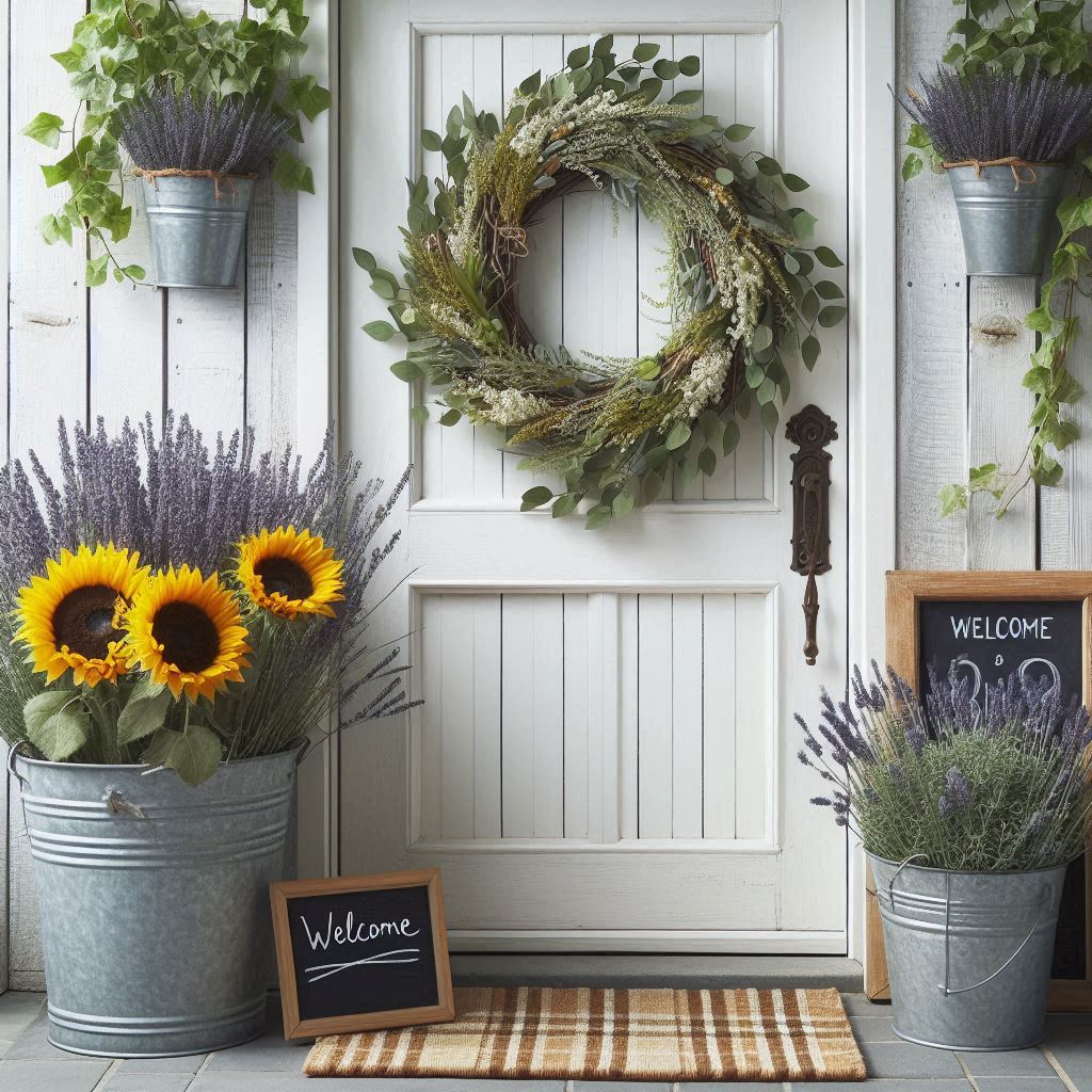 A whitewashed door with a grapevine wreath featuring fresh green foliage and small white flowers. Large galvanized buckets filled with sunflowers and lavender next to the door. A Welcome chalkboard sign leaning against the wall, and a plaid-patterned doormat for a classic farmhouse feel.