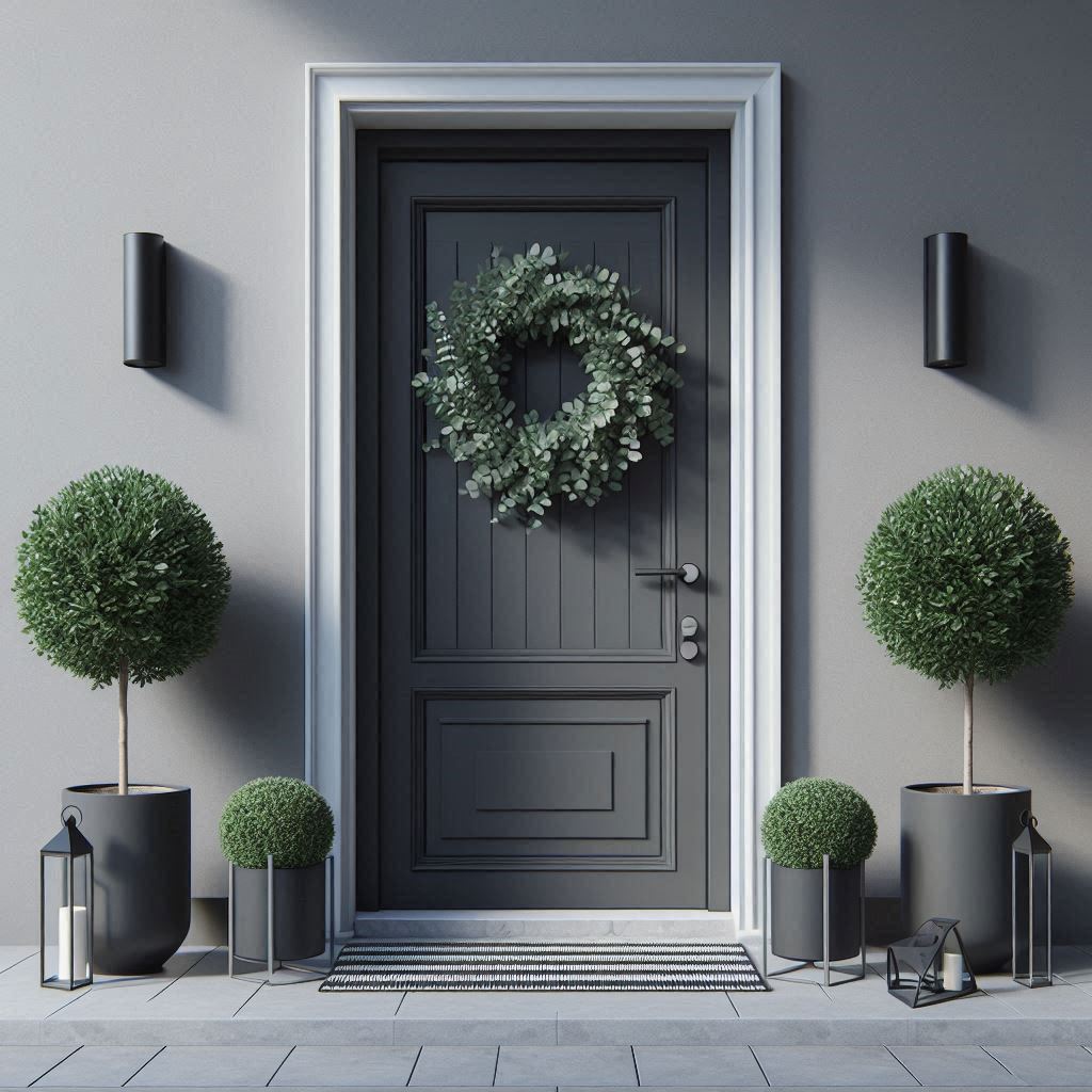 A sleek black or gray front door with a simple eucalyptus wreath for a touch of greenery. A pair of minimalist planters in geometric shapes with trimmed boxwoods on each side. A thin striped black-and-white doormat for contrast and a modern metallic lantern add to the modern aesthetic.