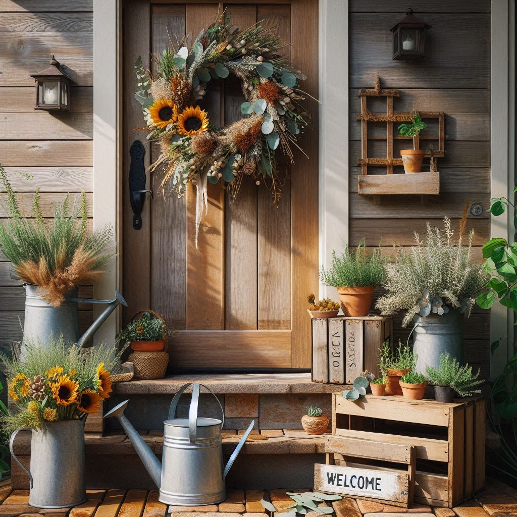 A wooden front door with a rustic wreath made of wildflowers and eucalyptus. Decorate the steps with vintage metal watering cans, old wooden crates filled with sunflowers, and small herb pots like basil and rosemary. A wooden Welcome sign leaning by the door completes the look.