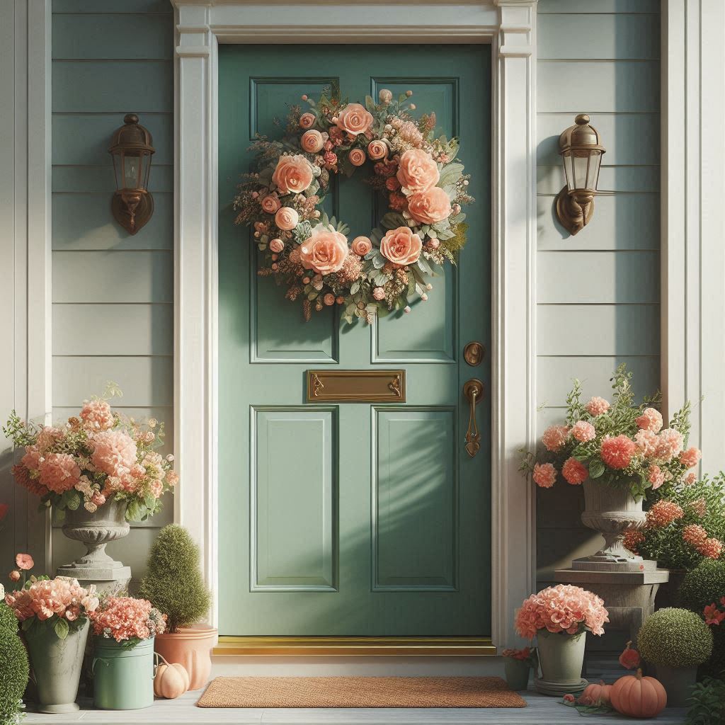A pastel-colored front door (mint or peach