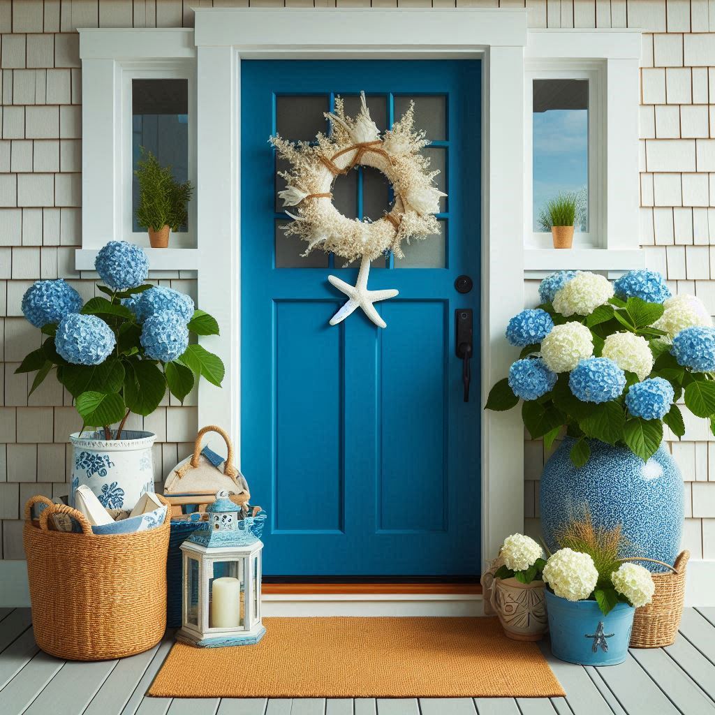 A bright blue front door framed by white wooden siding, with nautical-themed decor like a white starfish wreath, a natural jute doormat, and two potted hydrangeas in blue ceramic planters on either side. A woven basket filled with beach grass rests beside the door, adding a relaxed, seaside feel.