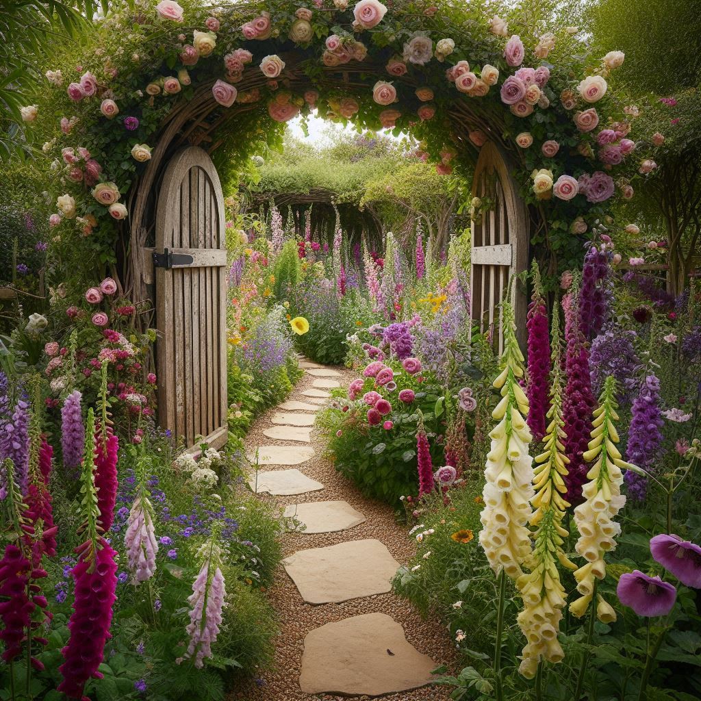 A hidden garden-style flower bed with a rustic wooden archway covered in climbing roses or clematis. Inside, the bed is full of vibrant flowers like delphiniums, foxgloves, and hollyhocks. A narrow winding path, lined with small stones, leads through the bed, creating a secluded and magical feel.