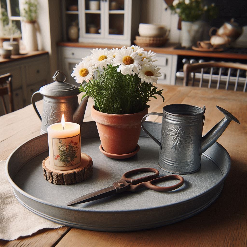A round, galvanized metal tray on a wooden kitchen island, styled with a small terracotta pot of daisies, a garden-themed candle, a pair of garden shears, and a decorative vintage watering can. The tray has a rustic charm, evoking a springtime garden feel.