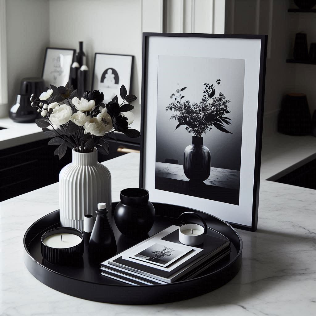A glossy black tray on a white marble kitchen island, featuring a white vase with black flowers, a stack of small black-and-white decorative books, a black candle, and a monochrome art print leaning on the tray. The setup has a sleek, modern, and monochrome aesthetic.