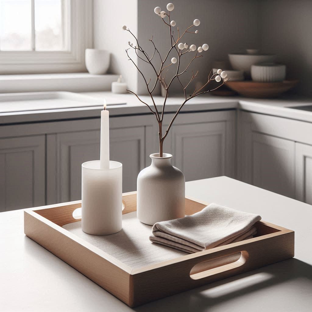 A light wood tray with clean lines on a white kitchen island, decorated with a white ceramic vase holding a single branch, a sleek minimalist candle, and a stack of neutral-colored cloth napkins. Natural lighting fills the space, emphasizing the simplicity and warmth of Scandinavian design.