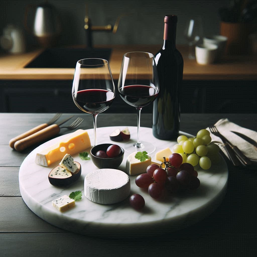 A round marble tray on a dark wood kitchen island, arranged with two wine glasses, a small bottle of red wine, a cheese board with assorted cheeses, and a small bunch of grapes. Soft mood lighting for an elegant, wine-lovers setup.
