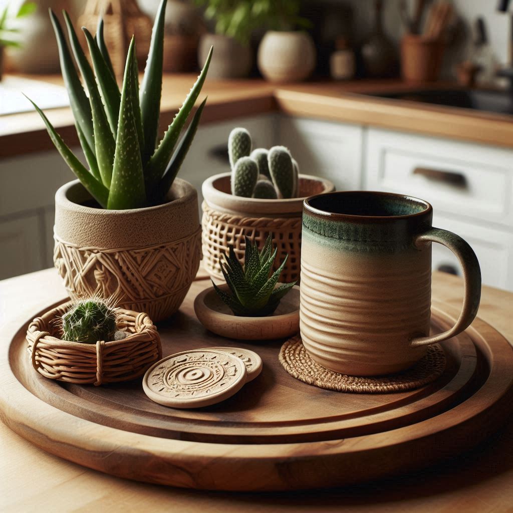 A hand-carved wooden tray on a kitchen island, featuring a ceramic mug with textured glaze, a potted aloe vera plant, a small stack of handmade clay coasters, and a tiny woven basket with decorative stones. The decor has an earthy, artisanal feel, emphasizing craftsmanship.