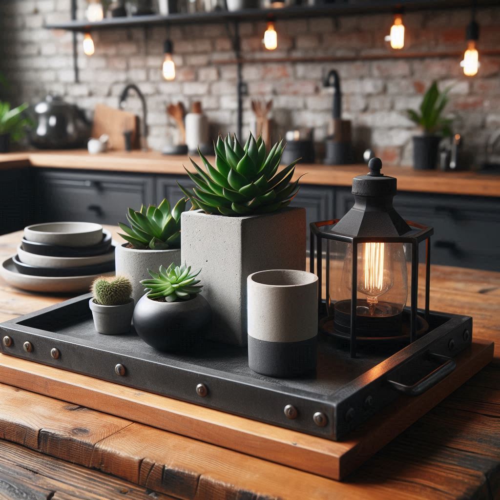 A rectangular metal tray with exposed screws on a butcher block island, styled with a concrete pot with succulents, a black steel candle holder, and a stack of monochrome coasters. The background has brick walls and Edison bulbs for an industrial, urban aesthetic.