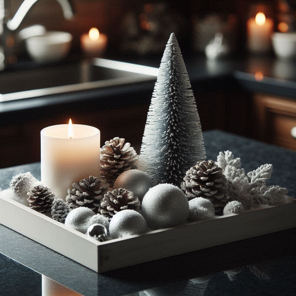 A glossy white tray on a dark granite kitchen island, decorated with faux snow-covered pinecones, a small snowy evergreen tree, a stack of silver and white ornaments, and a candle that emits a soft, warm glow. The scene feels wintry and festive, perfect for winter decor.