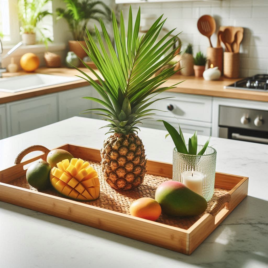 A large, rectangular bamboo tray on a white quartz kitchen island, decorated with a small pineapple, a palm leaf in a clear glass vase, a couple of exotic fruits like mango or kiwi, and a small candle. Bright, vibrant setup with tropical vibes for an inviting atmosphere.
