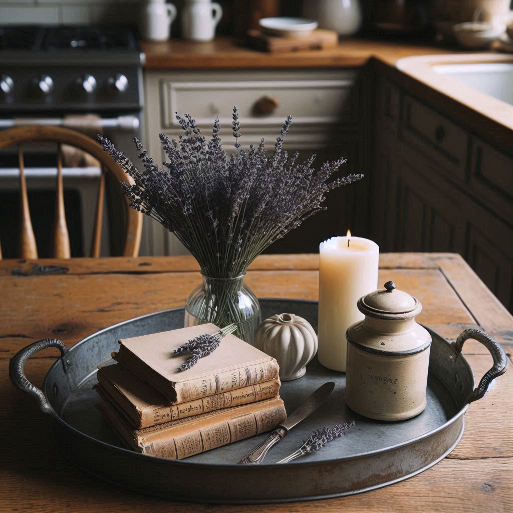An oval, distressed metal tray on a wooden kitchen island, styled with a small glass vase filled with fresh lavender, a vintage ceramic milk jug, a stack of aged French recipe books, and a white candle. The setup is simple yet charming, evoking French countryside elegance.