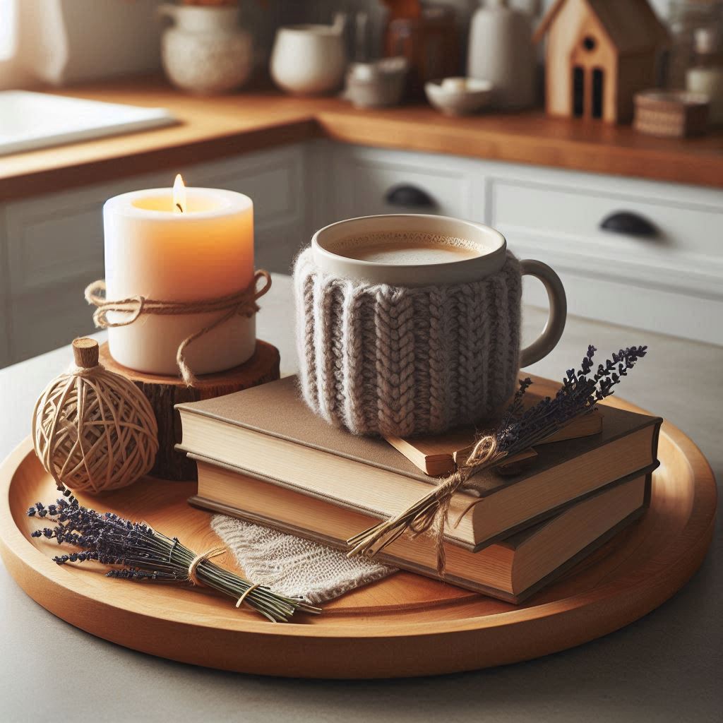 A round wooden tray on a light gray kitchen island, featuring a large mug with a woolen cozy, a small stack of books with a bookmark, a lit soy candle, and a sprig of lavender. Soft, warm lighting for a cozy and calming vibe, embracing the hygge lifestyle.
