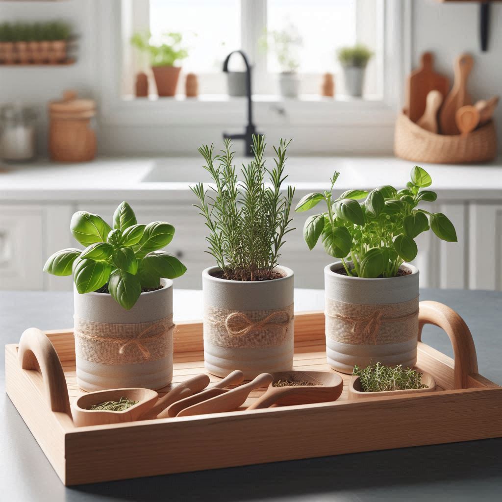 A wooden tray on a white kitchen island, arranged with three small potted herbs (basil, rosemary, thyme