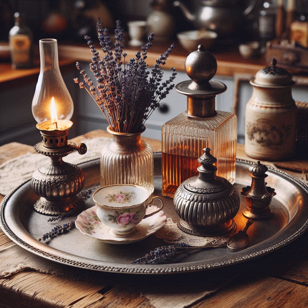 A tarnished silver tray with vintage flair on a wooden kitchen island, styled with antique perfume bottles, a small oil lamp, a delicate porcelain tea cup, and a dried lavender bouquet. The setup exudes a charming, vintage vibe.