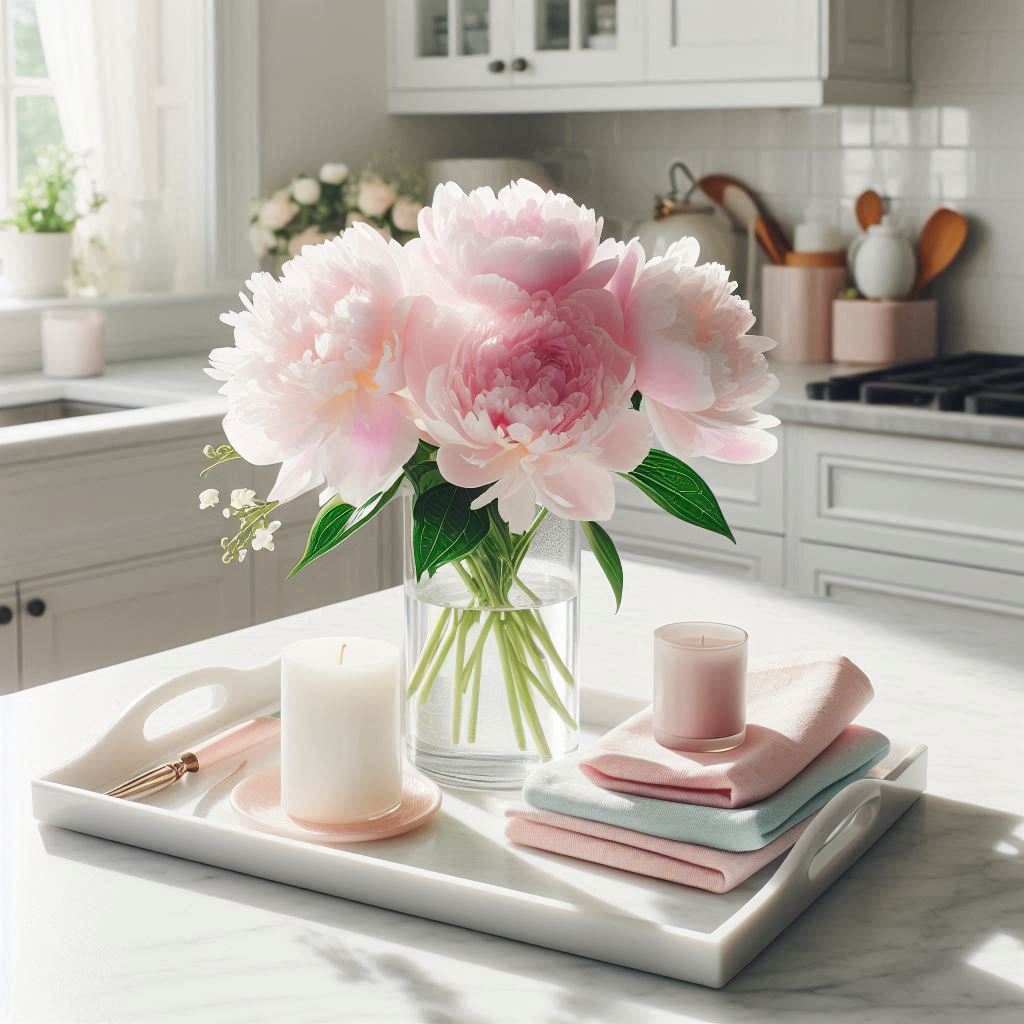 A glossy white tray on a white marble kitchen island, arranged with a light pink peony bouquet in a glass vase, a stack of pastel-colored napkins, and a candle. Bright natural light from a nearby window creates a fresh spring ambiance.
