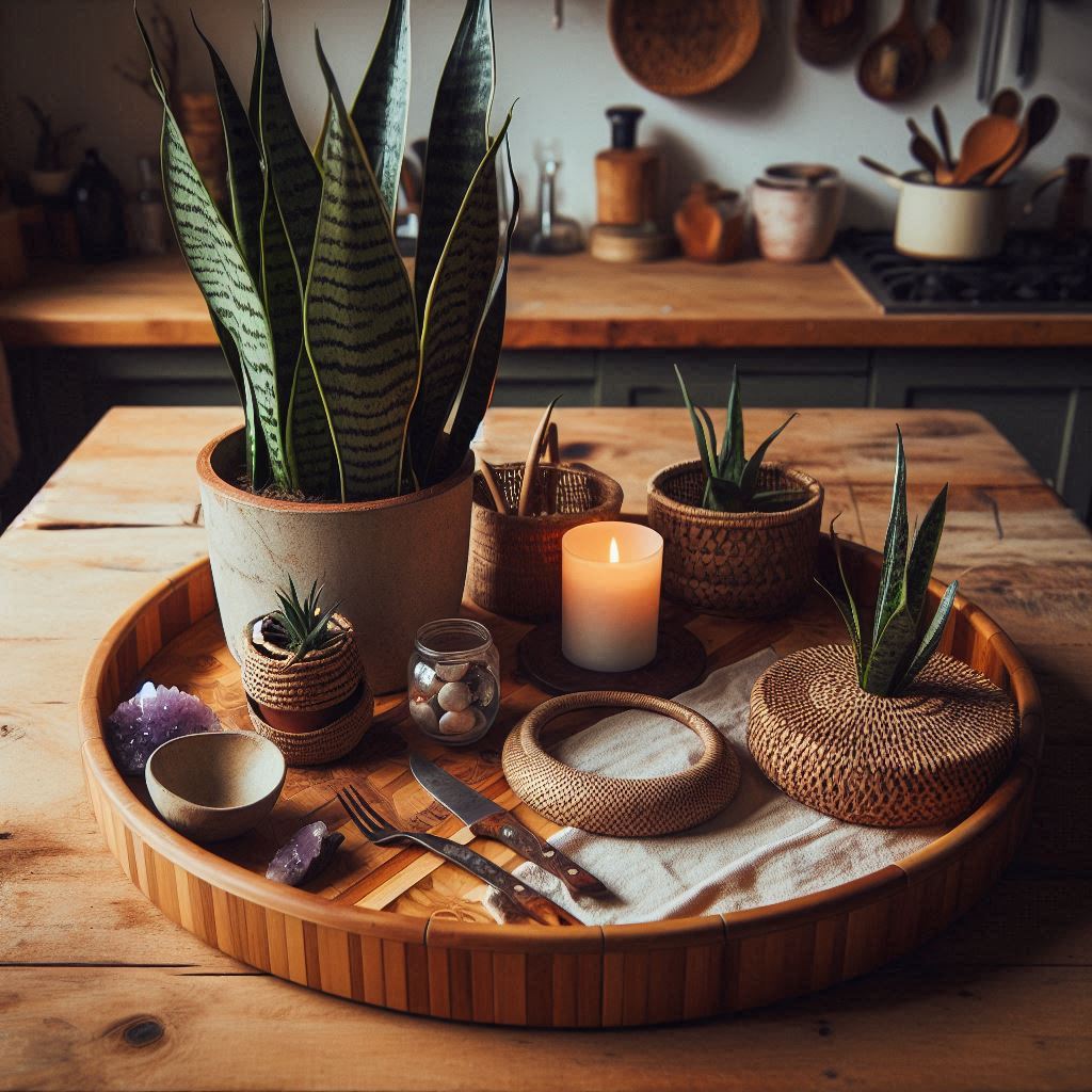 A large, round bamboo tray on a butcher block kitchen island, decorated with a potted snake plant, a small handwoven basket, a candle, and a few amethyst crystals. The decor is earthy, eclectic, and cozy, with a bohemian vibe.