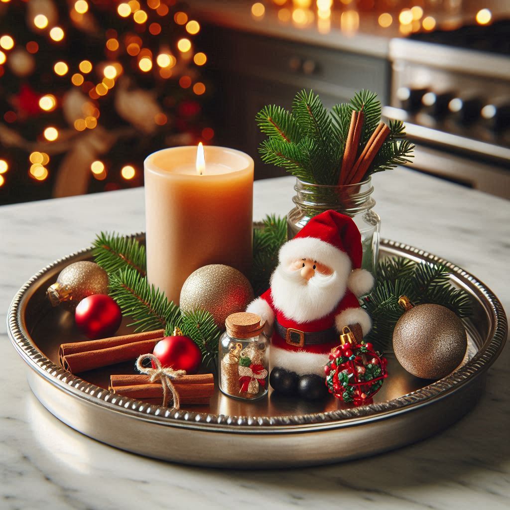A silver tray on a marble kitchen island, decorated for the holidays with small evergreen branches, red and gold ornaments, a cinnamon-scented candle, and a small, festive Santa figurine. The setup is surrounded by warm, glowing Christmas lights.