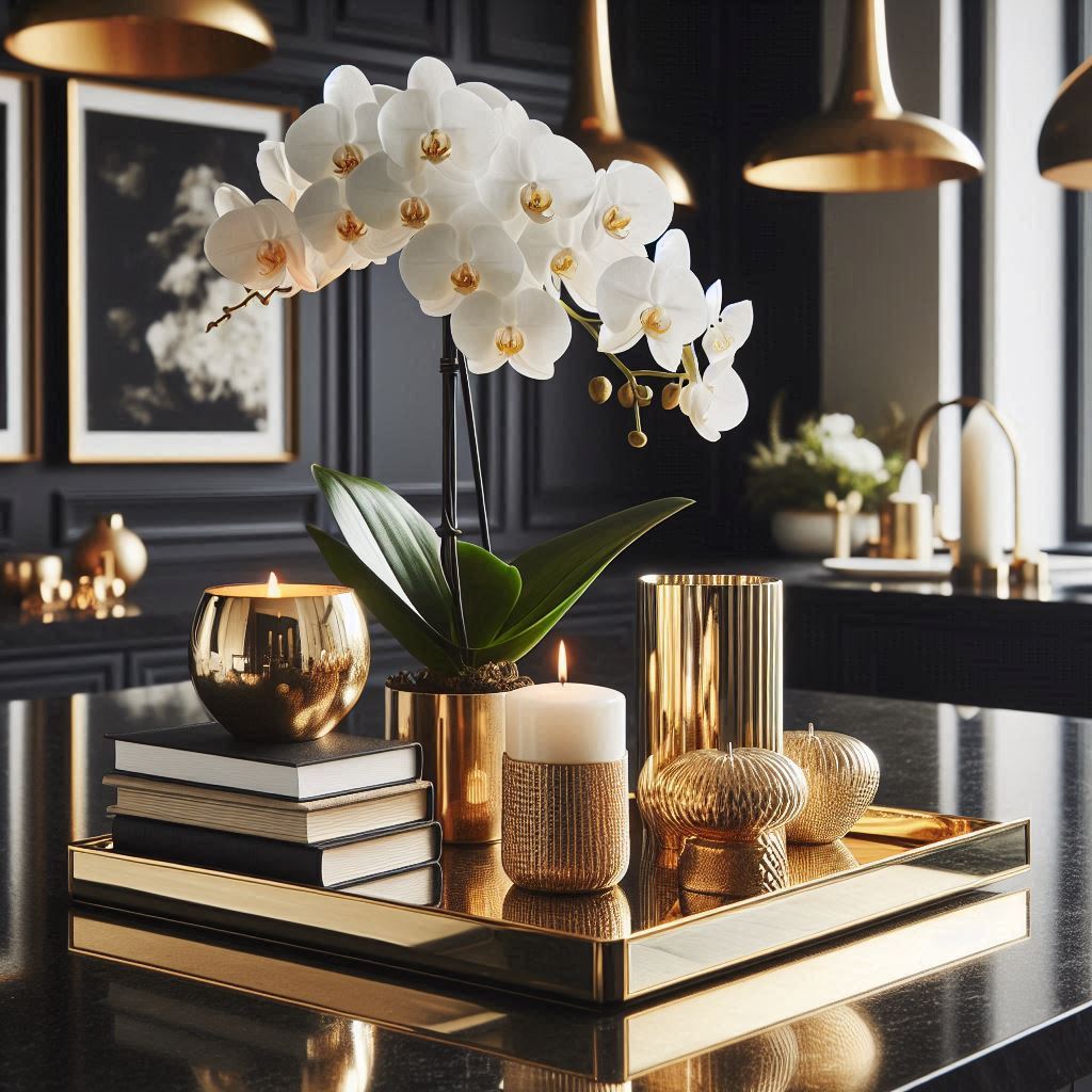 A mirrored tray with gold edges on a black granite kitchen island, styled with a tall white orchid in a gold pot, a stack of black and white coffee table books, and two gold candle holders. The background features modern pendant lights for an elegant and glam aesthetic.