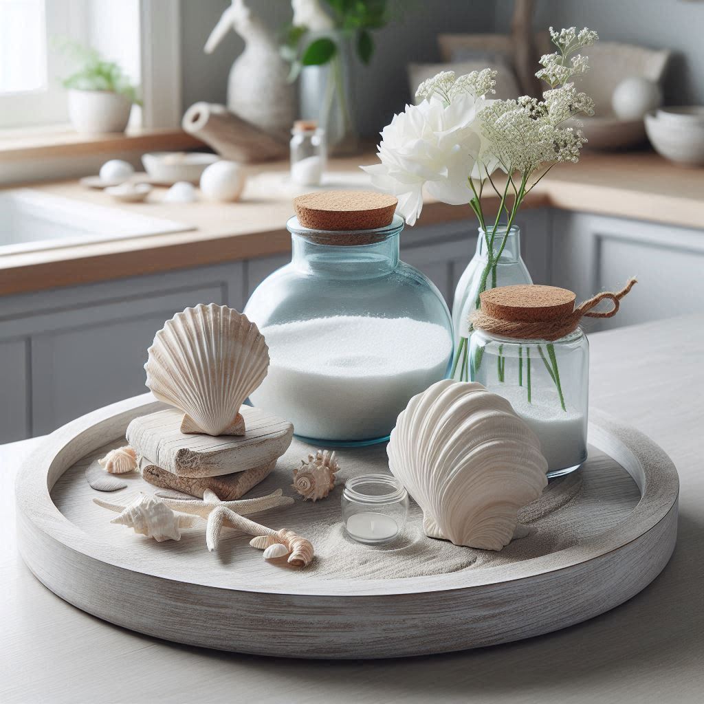 A round, white-washed wooden tray on a light gray kitchen island, styled with a large seashell, a small glass jar of white sand, a blue glass vase with white flowers, and a stack of small driftwood pieces. Soft lighting enhances the coastal, breezy feel.