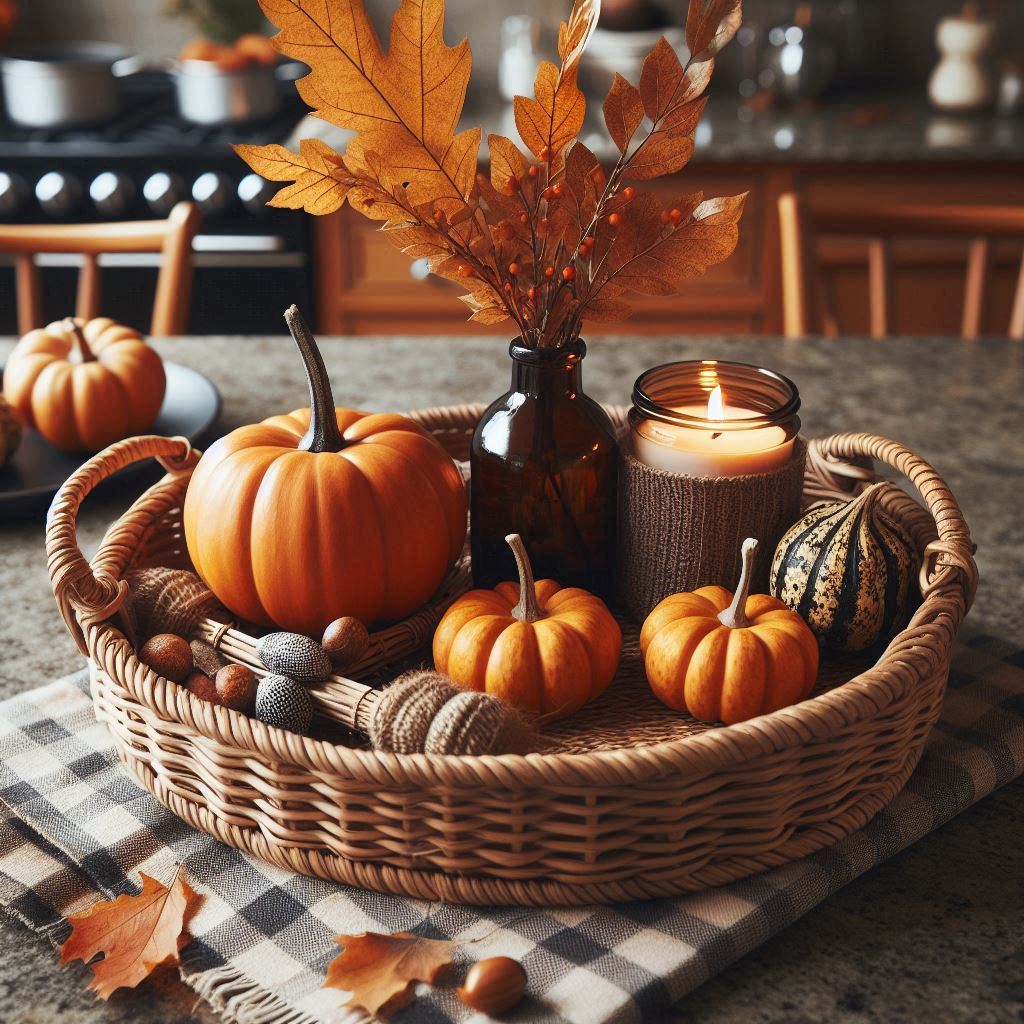 A medium-sized wicker tray on a granite kitchen island, styled for fall with mini pumpkins, a small amber glass vase of autumn leaves, and a candle in a dark glass jar. Cozy plaid napkins are folded next to the tray, adding warmth to the decor.