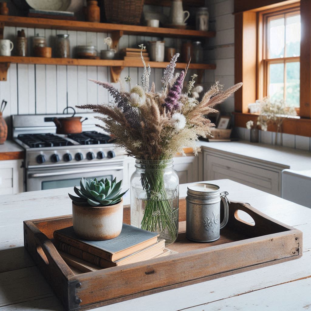 A rustic wooden tray on a white kitchen island, holding a mason jar filled with wildflowers, a small potted succulent, a stack of vintage books, and a candle in a distressed tin holder. The background shows shiplap walls and open wooden shelves, creating a cozy farmhouse vibe.