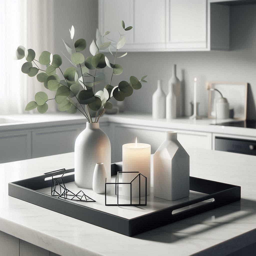 A sleek, rectangular black tray on a white marble kitchen island, styled with a white ceramic vase holding fresh eucalyptus, a couple of small geometric sculptures, and two modern glass candle holders. Soft natural light coming from a large window. Minimalist, sophisticated, and clean design.