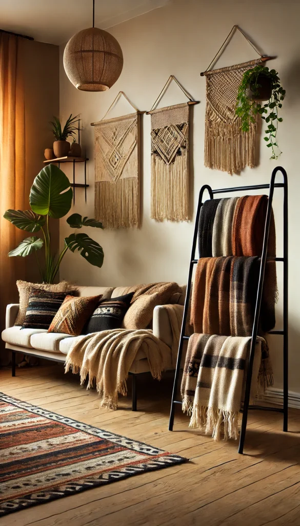 A modern boho-inspired living room with a black metal blanket ladder holding blankets in earthy tones. The ladder is placed beside a couch with eclectic pillows, macramé wall hangings, and plants for a natural touch. Warm light fills the room, creating a cozy and inviting vibe.